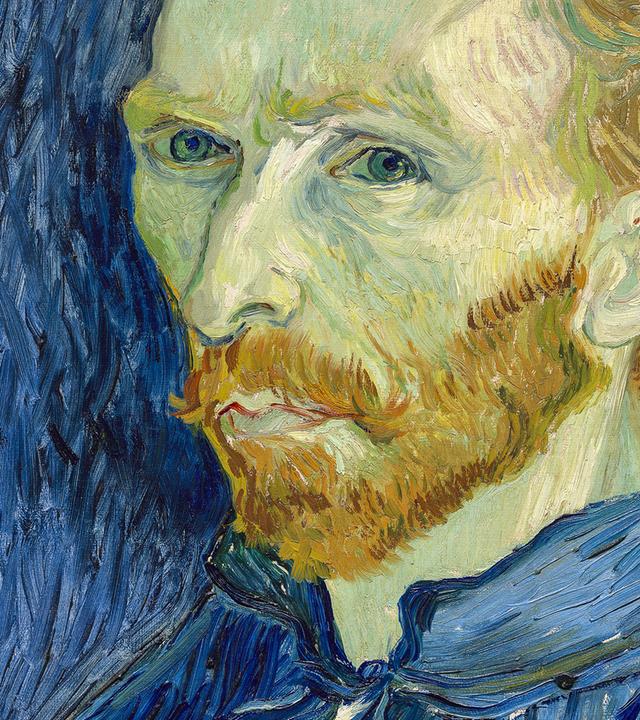 Das Gesicht eines Mannes mit rotblonden Haaren und Bart vor einem blauen Hintergrund. Selbstporträt von Vincent van Gogh