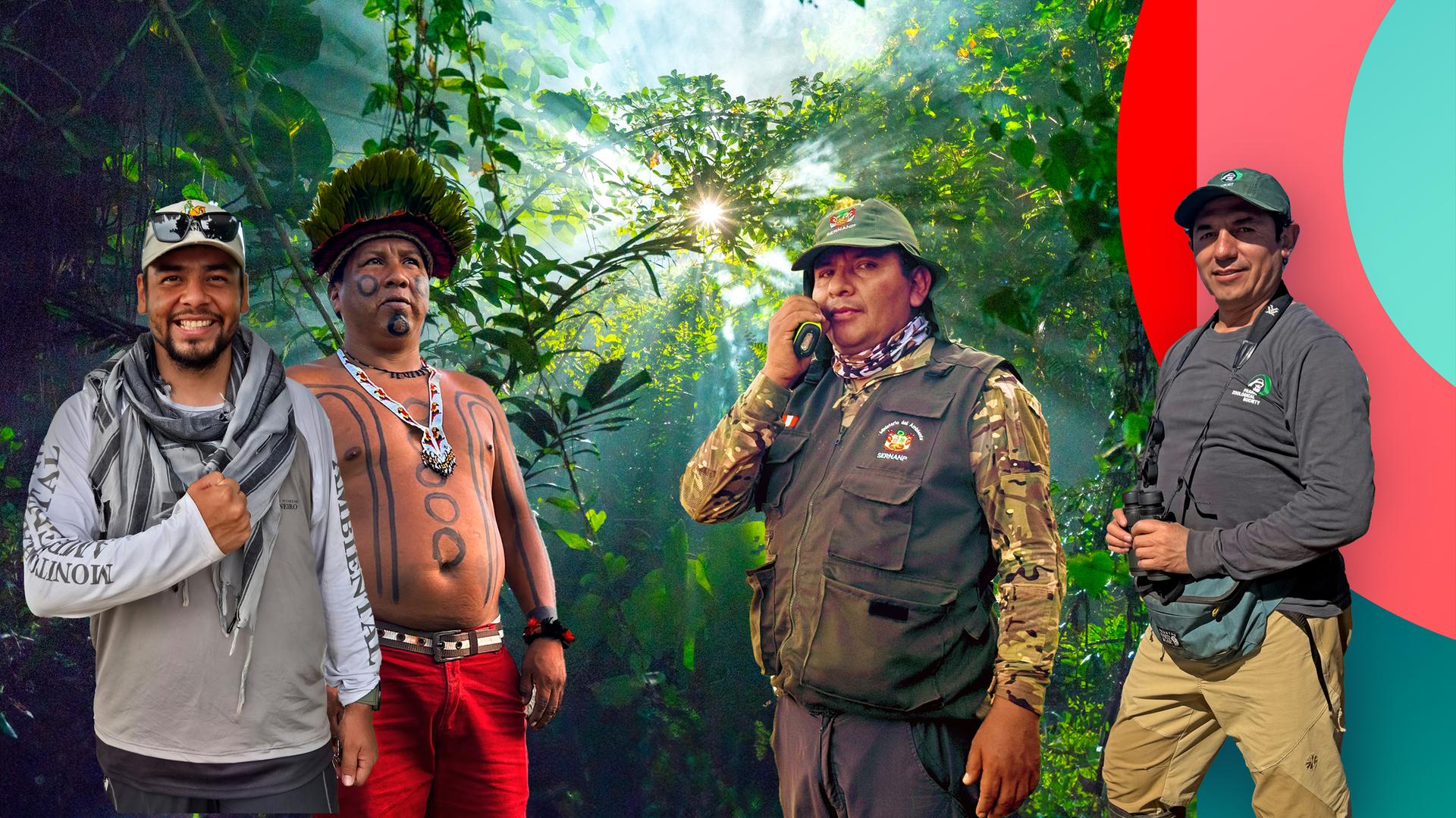 Vier Protagonisten der Staffel vor einem Bild des Regenwaldes