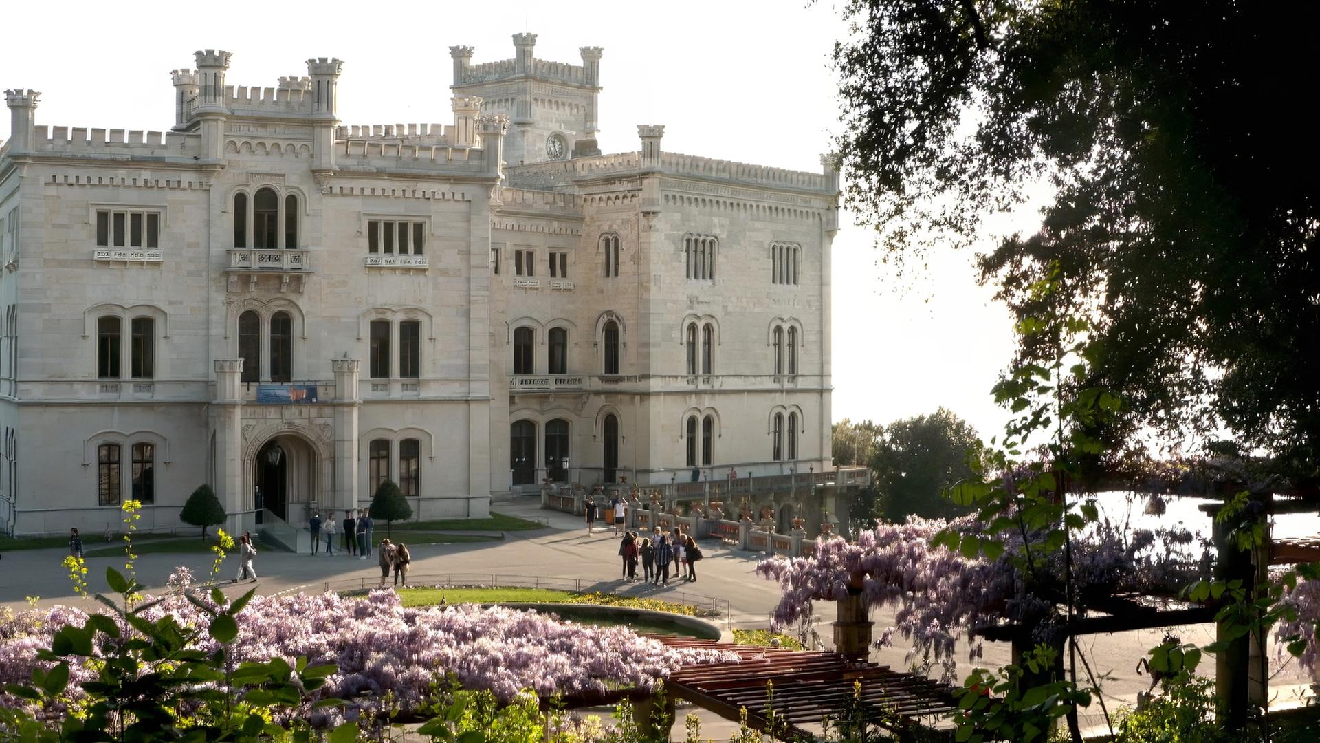 Schloss Miramare im Sonnenlicht, mit blühenden lila Blumen im Vordergrund. Das Schloss ist von klassischer Architektur mit mehreren Türmen und Zinnen.