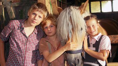 Drei Kinder stehen eng neben einem Pferd vor einem Stall