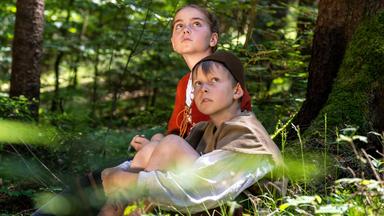Hänsel und Gretel sitzen im Wald und schauen verängstigt nach oben.