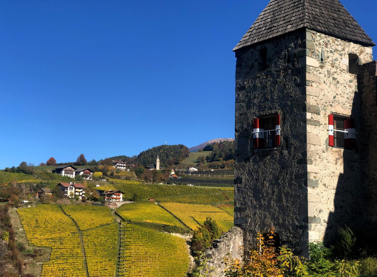 Ein Turm vor strahlend blauem Himmel. Im Hintergrund liegen Weinberge und ein kleiner Ort.