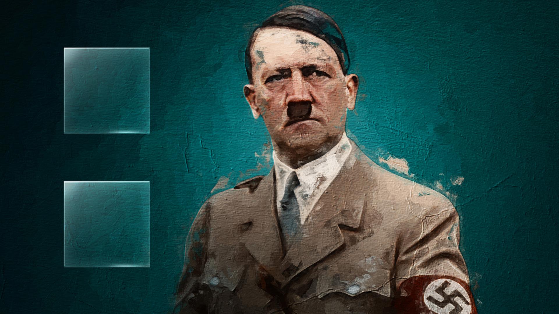 Graphic-Novel-Motiv, das Adolf Hitler in Unifform mit Hakenkreuzbinde vor blauem Hintergrund zeigt.