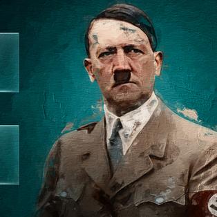Graphic-Novel-Motiv, das Adolf Hitler in Unifform mit Hakenkreuzbinde vor blauem Hintergrund zeigt.