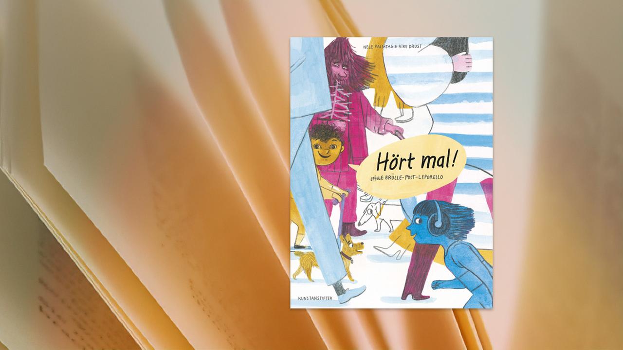 Auf dem Umschlag des Kinderbuchs sind Illustrationen von Menschen und Hunden, die umherlaufen, zu sehen.