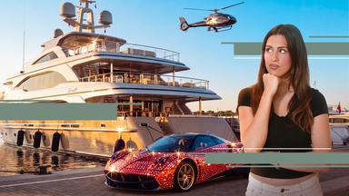 Salwa Houmsi, im Hintergrund ein Hafen mit einer Superyacht, Hubschrauber und Luxussportauto.