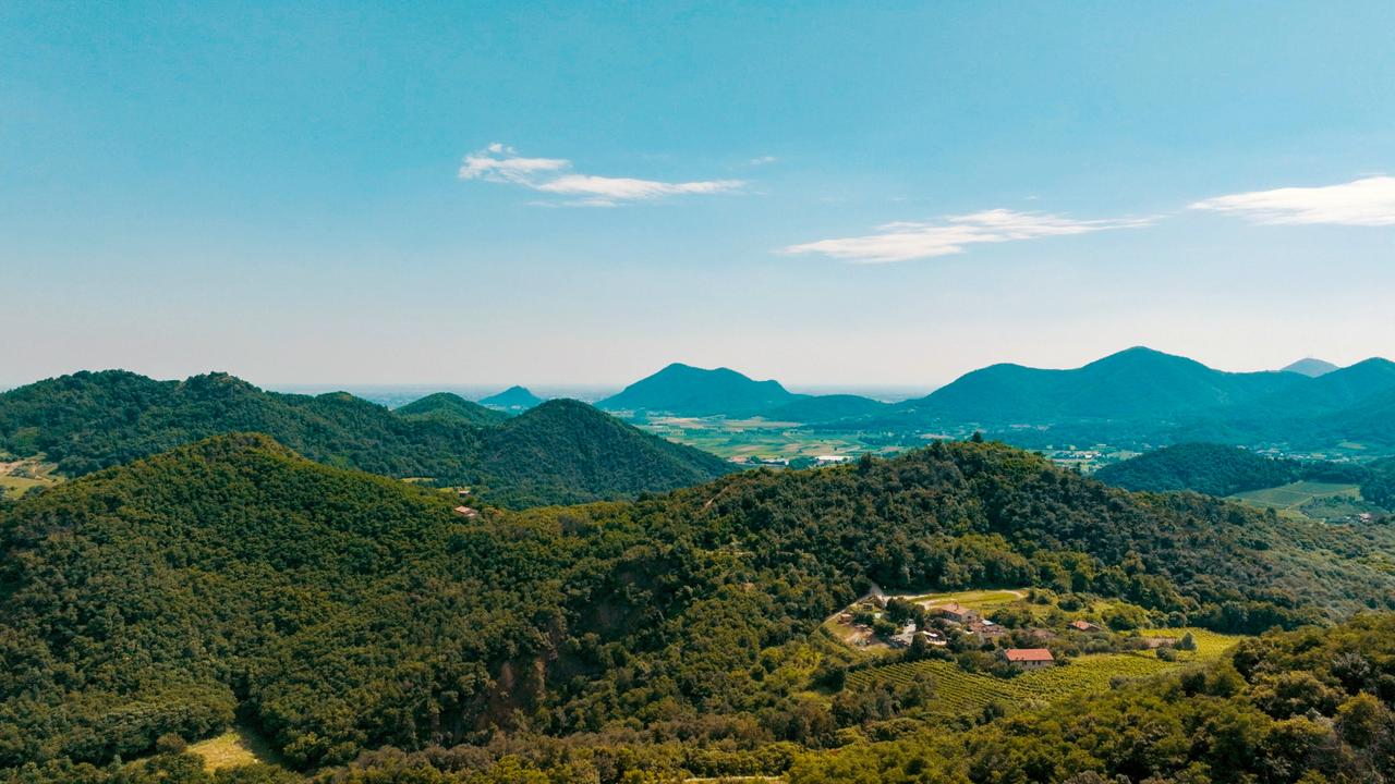 Weitläufige Landschaftsaufnahme der grünen Euganeischen Hügel unter klarem Himmel.