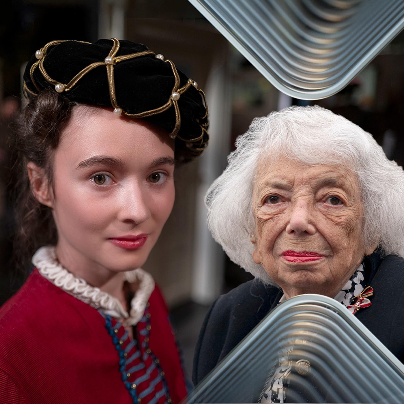 Schauspielerin Julia Anna Grob in ihrer Rolle als junge Margot Friedländer neben der realen Person Margot Friedländer.