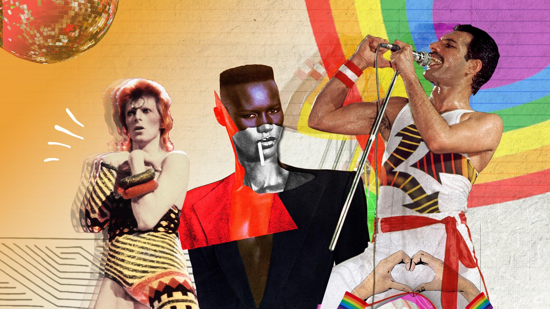 Collage von David Bowie in auffälligem Outfit, Grace Jones im avantgardistischen Stil und Freddie Mercury in ein Mikrofon singend vor einem Regenbogenhintergrund, darüber eine Discokugel.
