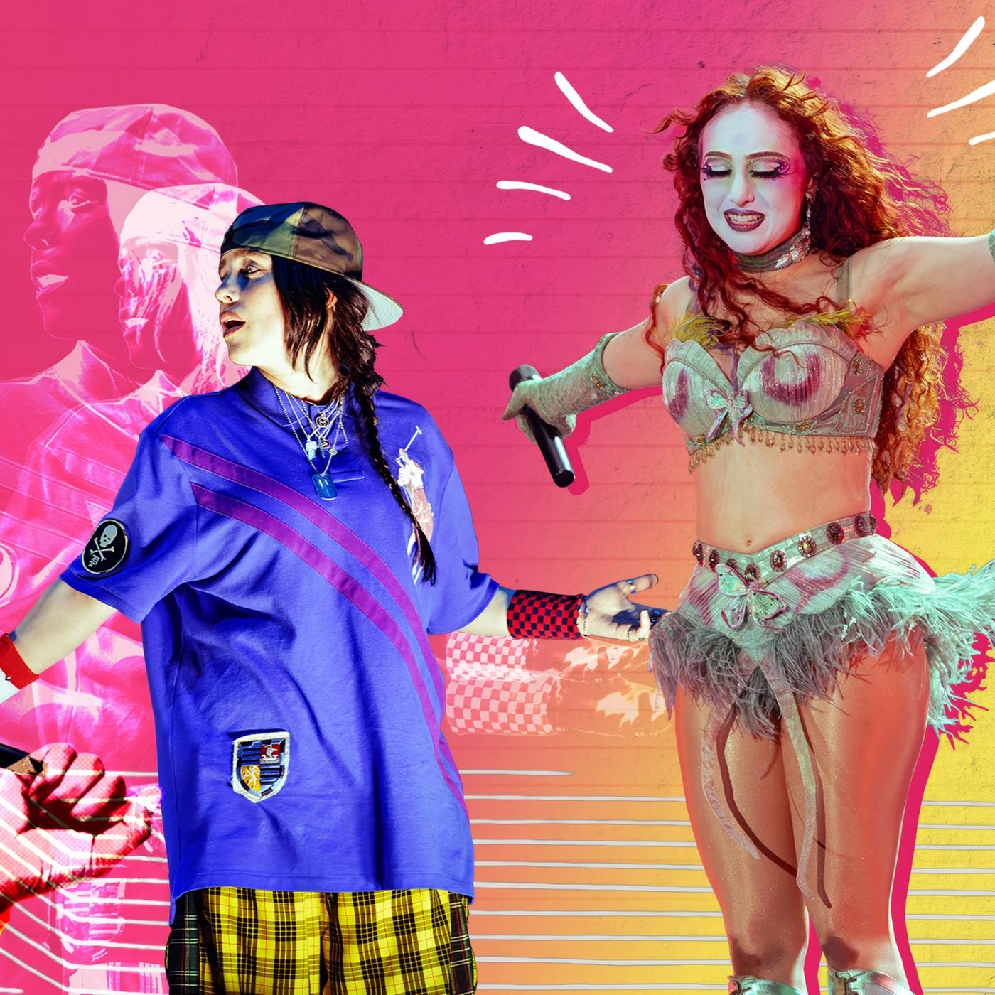 Collage mit Billie Eilish in lässigem Outfit, Chappell Roan in einem verspielten Bühnenkostüm und Janelle Monáe mit ausdrucksstarkem Look, vor einem bunten Hintergrund mit Discokugel. 