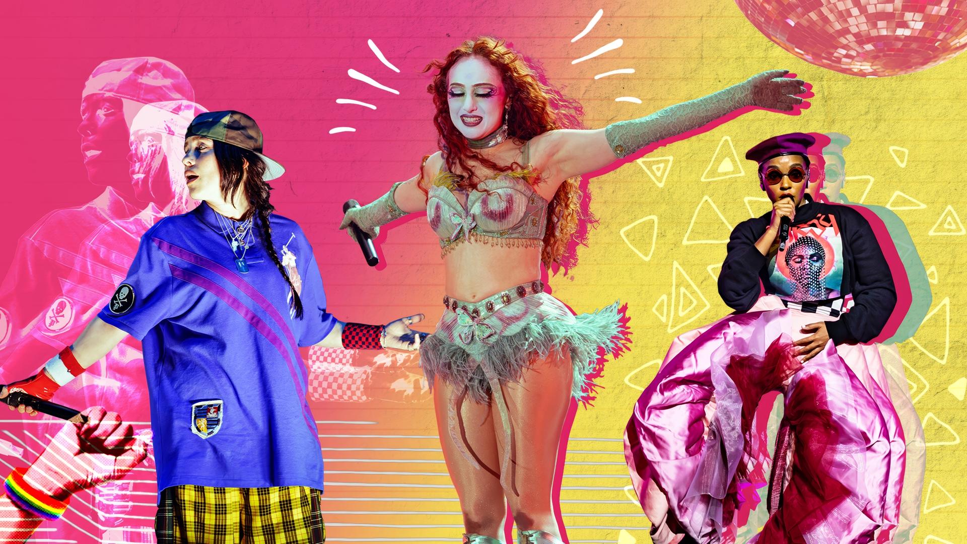 Collage mit Billie Eilish in lässigem Outfit, Chappell Roan in einem verspielten Bühnenkostüm und Janelle Monáe mit ausdrucksstarkem Look, vor einem bunten Hintergrund mit Discokugel. 