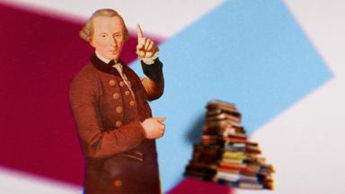 Das zusammen montierte Bild zeigt eine historische Grafik von einem Mann mit Perücke und Gehrock, der einen Zeigefinger hoch hält neben einem Bücherstapel.