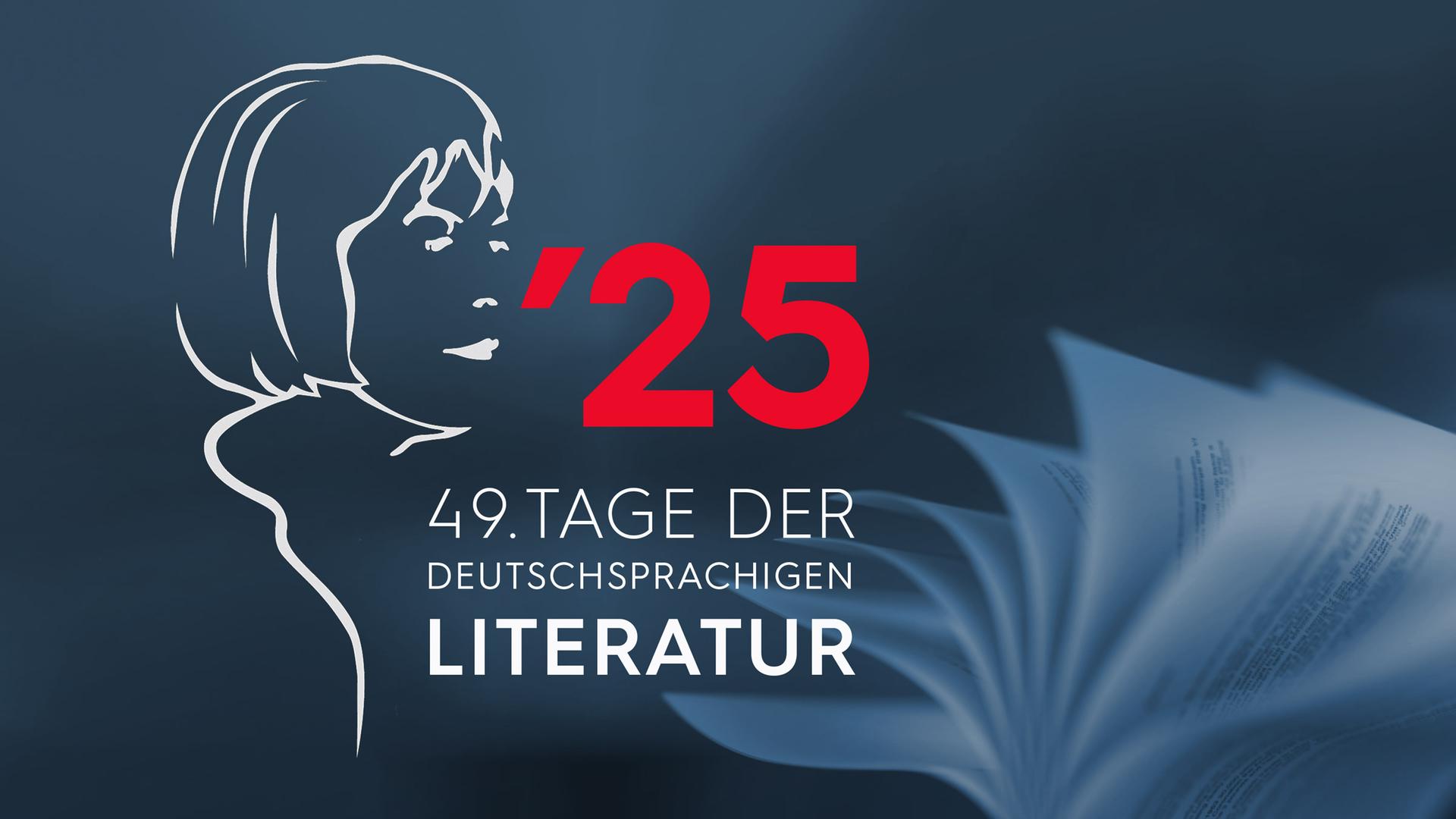die Blätter eines aufgeschlagenes Buches, darüber eine Strichzeichnung von Ingeborg Bachmann und das Logo