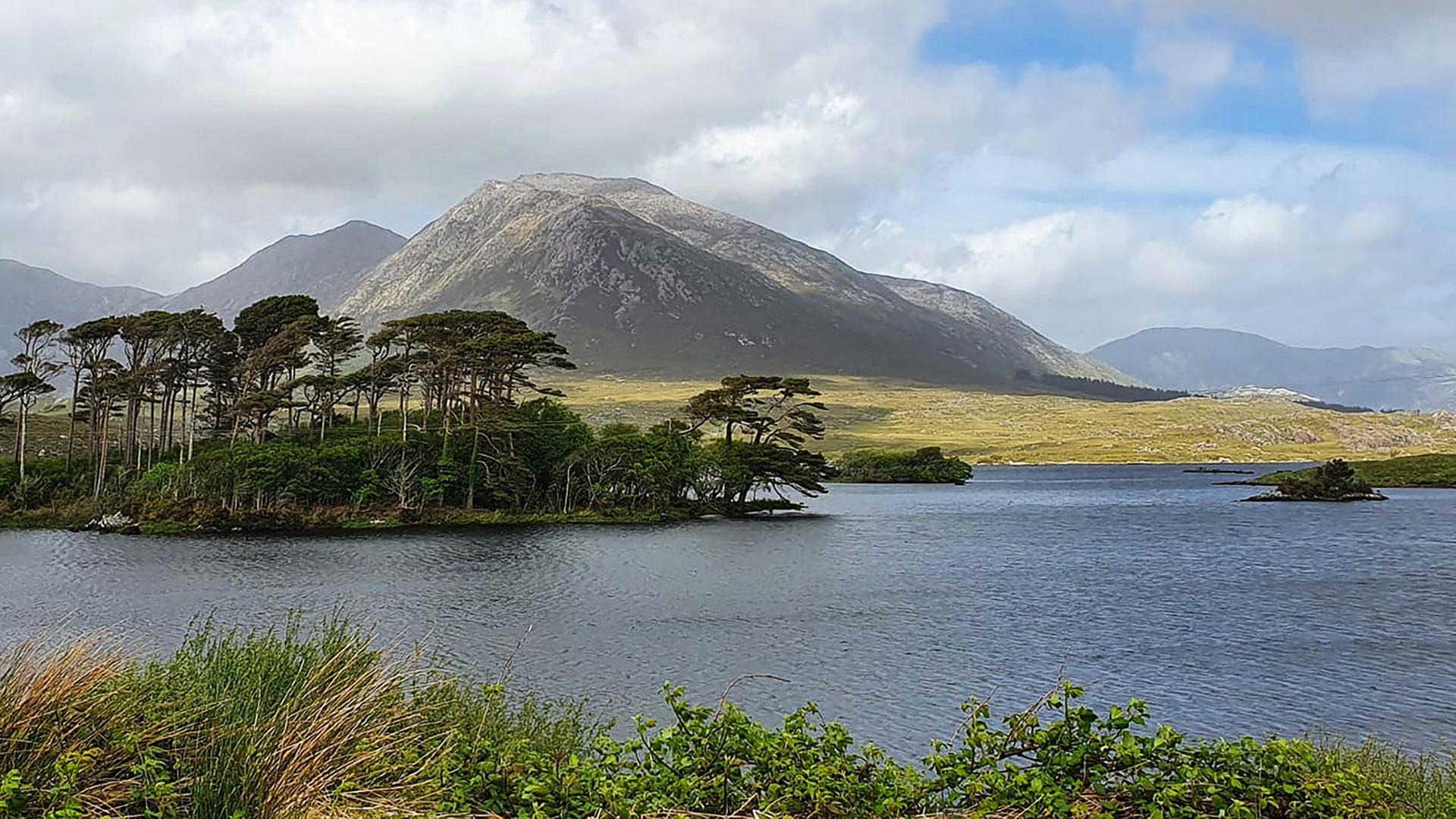 Blick auf Hügelland hinter Gewässer