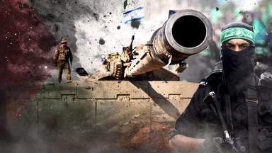 Montage: An der Seite steht ein vermummter Hamas-Kämpfer mit einer Waffe, dahinter ein israelischer Panzer, dessen Geschützrohr seitlich nach vorne zeigt. Im Hintergrund weht eine israelische Fahne und Teile, wie von einer Explosion, fliegen durch die Luft.