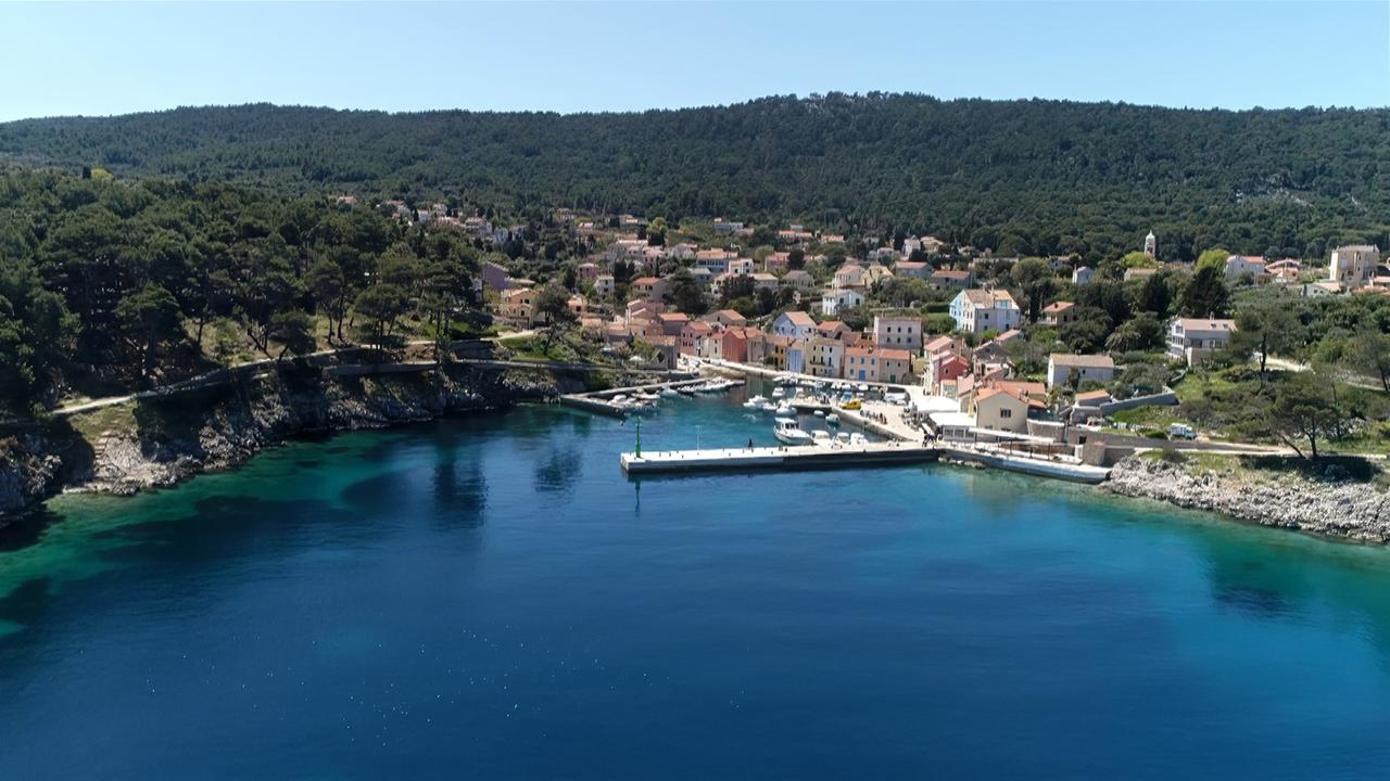 Hafen von Losinj auf der Insel Losinj in Istrien, Kroatien. Die Küste ist von Pinienwäldern umgeben, und die pastellfarbenen Häuser erstrecken sich entlang des Ufers.