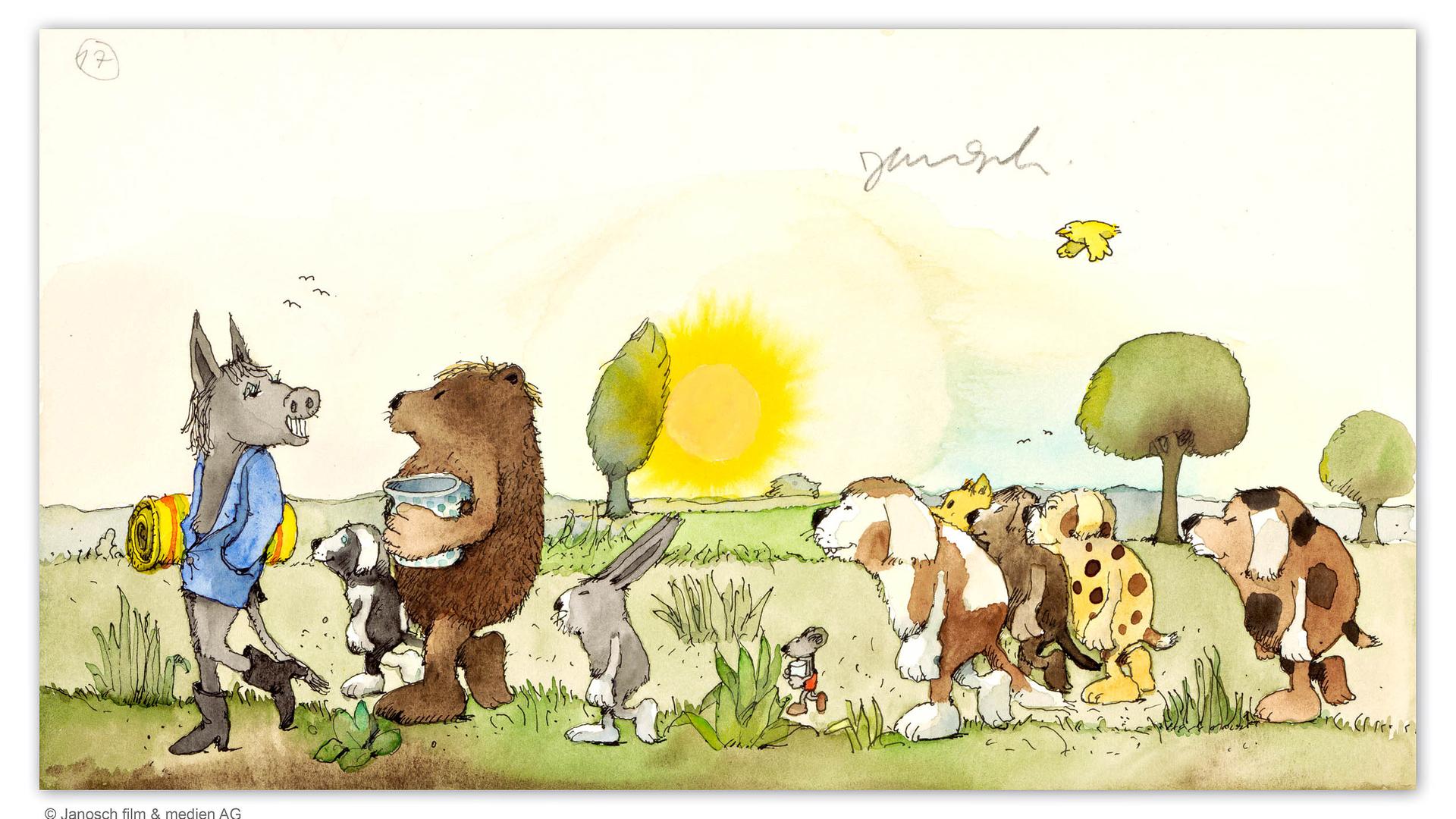 Zeichnung aus Kinderbuch: verschiedene Tiere laufen hintereinander durch eine sommerliche Landschaft.