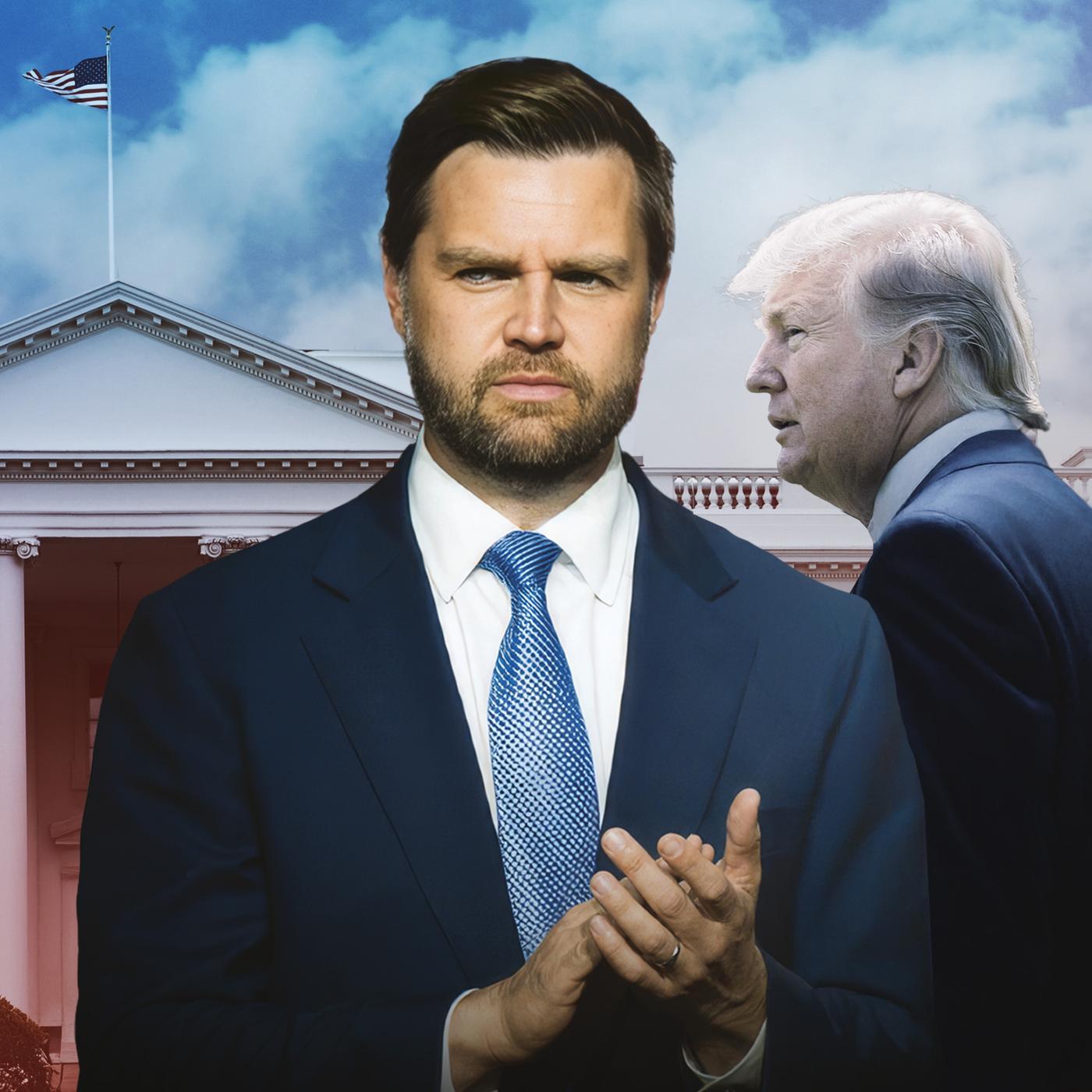 Eine Collage, zu sehen ist Vizepräsident JD Vance, der in die Hände klatscht. Rechts neben ihm im Profil Donald Trump. Im Hintergrund das Weiße Haus in Washington.