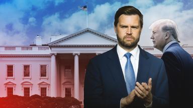 Eine Collage, zu sehen ist Vizepräsident JD Vance, der in die Hände klatscht. Rechts neben ihm im Profil Donald Trump. Im Hintergrund das Weiße Haus in Washington.