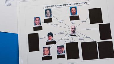 Eine Seite der "Epstein Files" zeigt ein Netzwerk mit Fotos einzelner Beteiligter