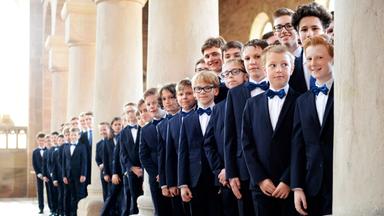 Jungen aufgereiht an Säulen.