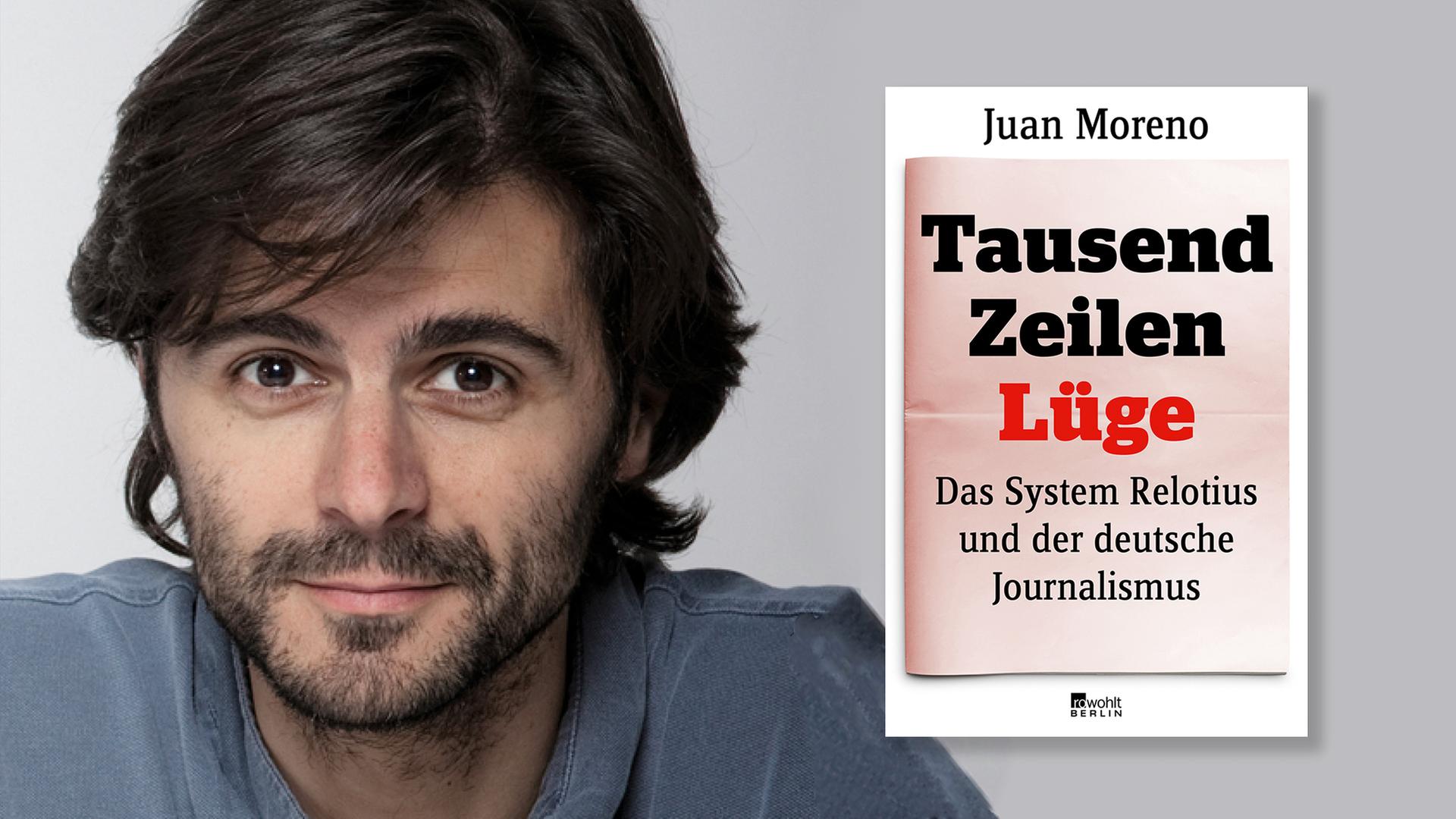 Gesicht des Journalisten Juan Moreno und daneben das Cover seines Buches mit dem Titel "Tausend Zeilen Lüge"