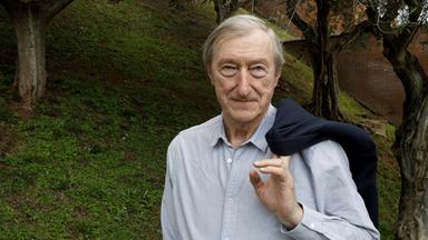 In der Mitte des Bildes steht ein alter Mann in einem gestreiften Hemd. Er blickt leicht schmunzelnd frontal in die Richtung des Betrachters und hat seinen Mantel über der Schulter hängen und hält ihn mit einer Hand fest. Im Hintergrund ist eine Wiese mit Bäumen und rechts eine Mauer zu erkennen.