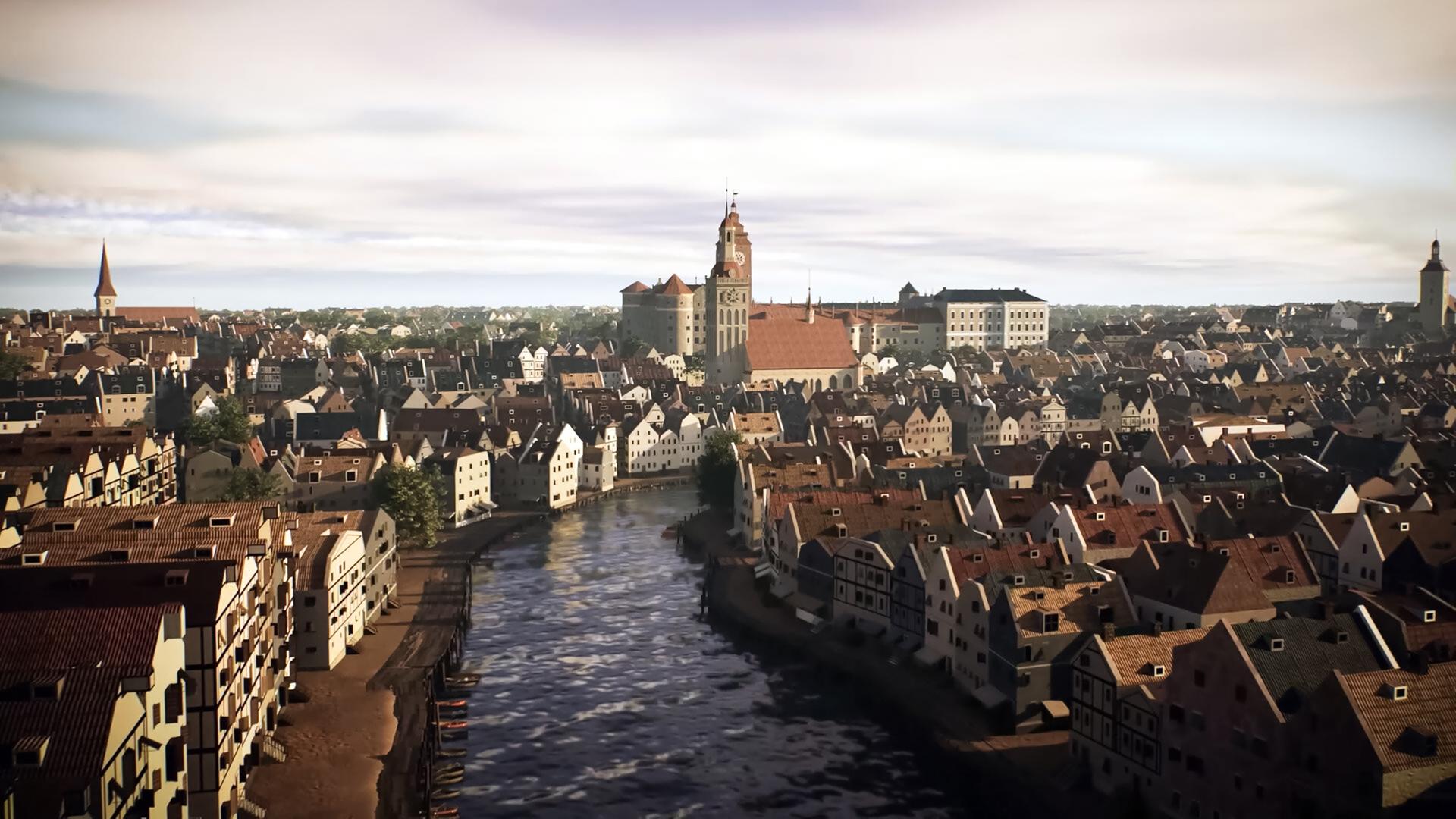 Das Bild ist eine 3D-Rekonstruktion der Stadt Königsberg im 18. Jahrhundert. Im Vordergrund fließt ein breiter Fluss, der von beidseitig angeordneten Gebäuden unterschiedlichster Architektur gesäumt wird, mit einer Vielzahl von Dachformen, vorwiegend mit roten Ziegeldächern. Die Häuser sind in unterschiedlicher Höhe und Farbe gestaltet und haben teils aufwendig gearbeitete Fassaden.   Im Hintergrund erhebt sich ein markantes Gebäude mit einer hohen Turmuhr, das als eines der Hauptgebäude der Stadt zu erkennen ist. Daneben gibt es weitere Bauwerke, die in ihrer Größe und Gestaltung variieren. Auf der linken Seite ist ein schlanker Kirchturm zu sehen, der ebenfalls herausragt.   Der Himmel zeigt eine sanfte Farbpalette und ist teilweise bewölkt, was der Szene eine ruhige, historische Atmosphäre verleiht. Das gesamte Bild vermittelt den Eindruck einer geschäftigen, aber geordneten Stadtansicht einer früheren Zeit.