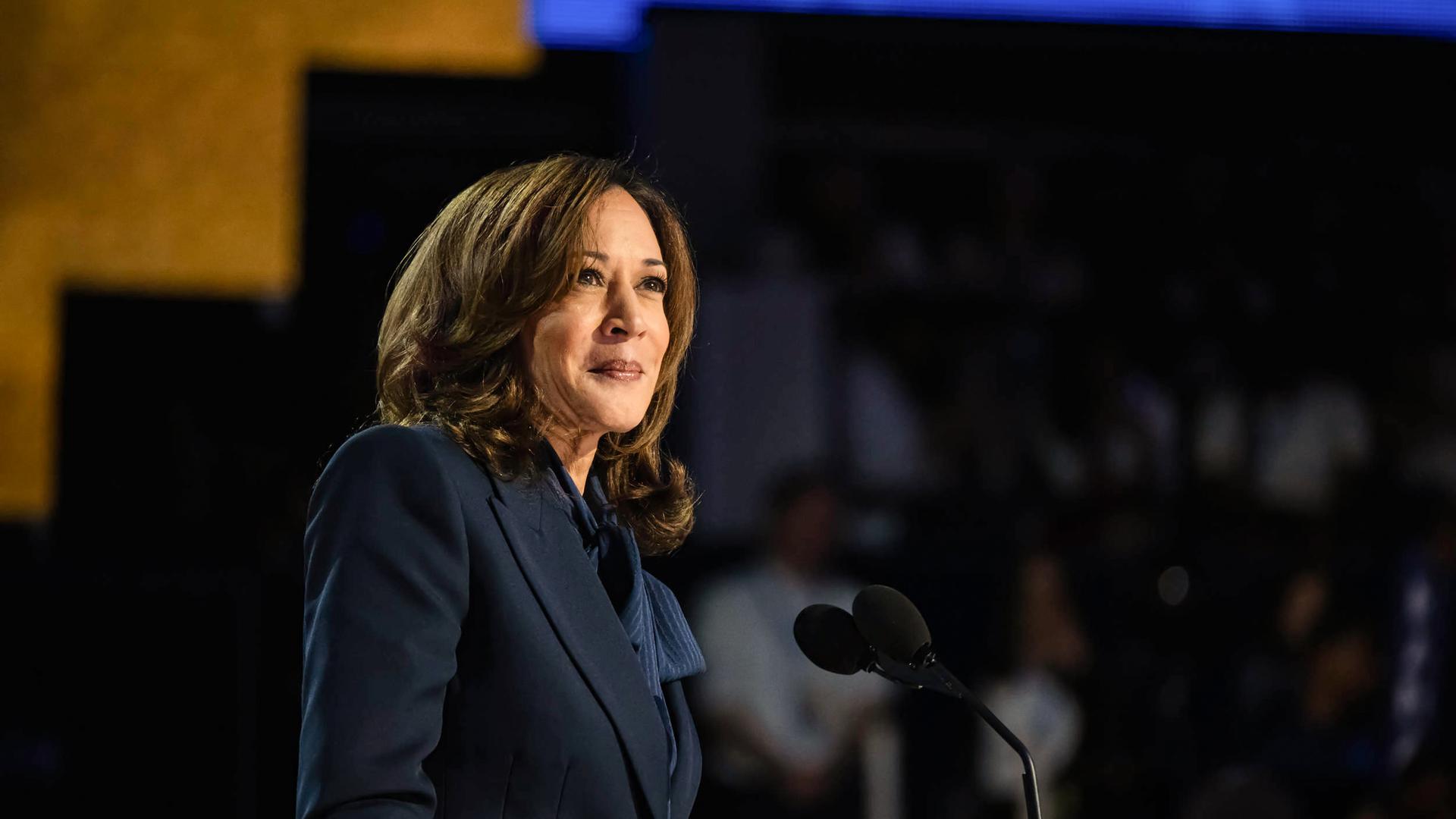 Eine Frau mittleren Alters mit langen braunen Haaren und gekleidet in einem Businessanzug steht lächelnd vor einem Mikrofon.