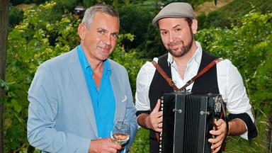 Zwei Männer stehen in einem Weinberg, einer hält ein Glas Wein, der andere ein Akkordeon.