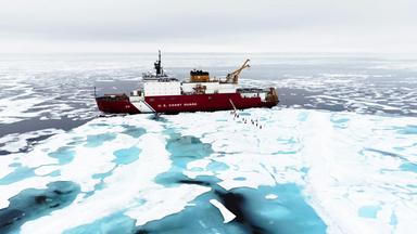 Ein Schiff zwischen Eisschollen.