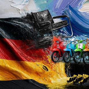 Im Zentrum des Bildes ist ein gemaltes Bild einer Deutschlandflagge, rechts davon eine Reihe aus Motorrädern und leere Ränge eines Theaters.