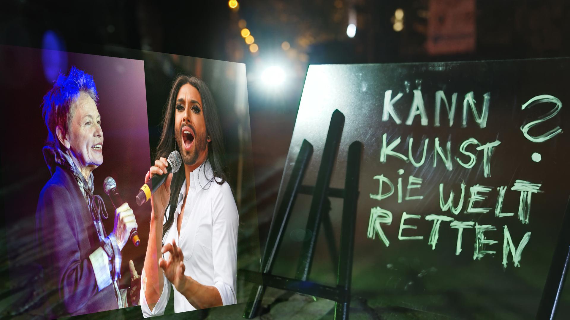 Links im Bild sind eine ältere Frau und ein Mann mit langen Haaren und Bart zu sehen, die in ein Mikrofon singen. Rechts steht eine Staffelage auf einer dunklen Straße, auf der geschrieben steht: Kann Kunst die Welt retten?