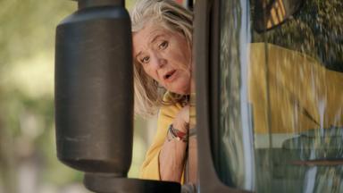 Eine Frau lehnt sich aus dem Fenster eines LKWs.