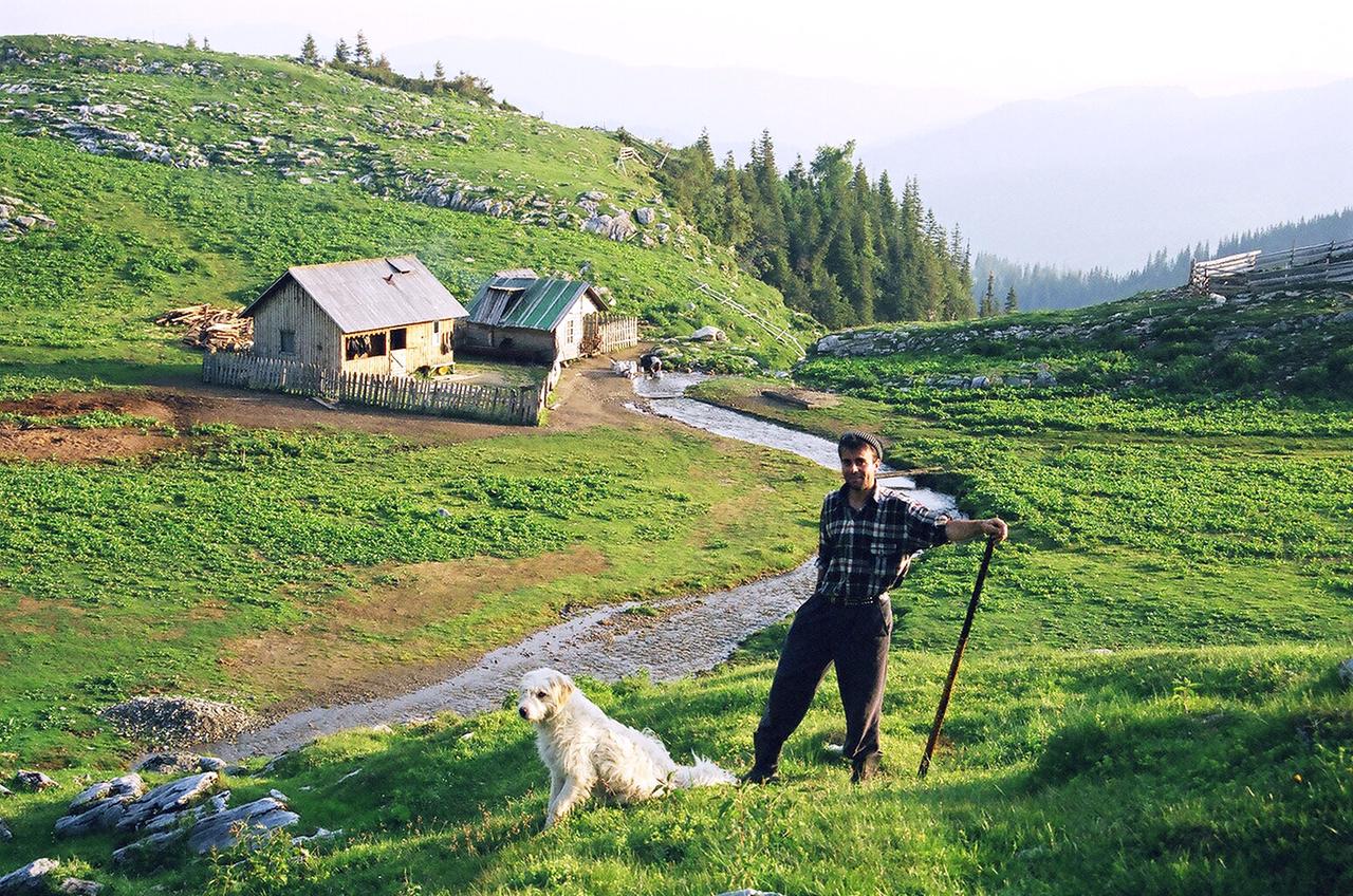 Mann vor zwei Hütten im grünen Gebirge.