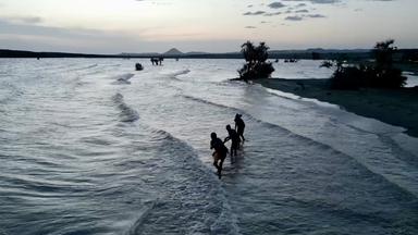 Drei Personen stehen im Wasser und ziehen an einer Leine. Im Hintergrund ist der Uferbereich und eine Hügelkette zu sehen.