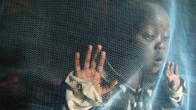 Kind hinter Moskito-Netz als Malaria-Mückenschutz.