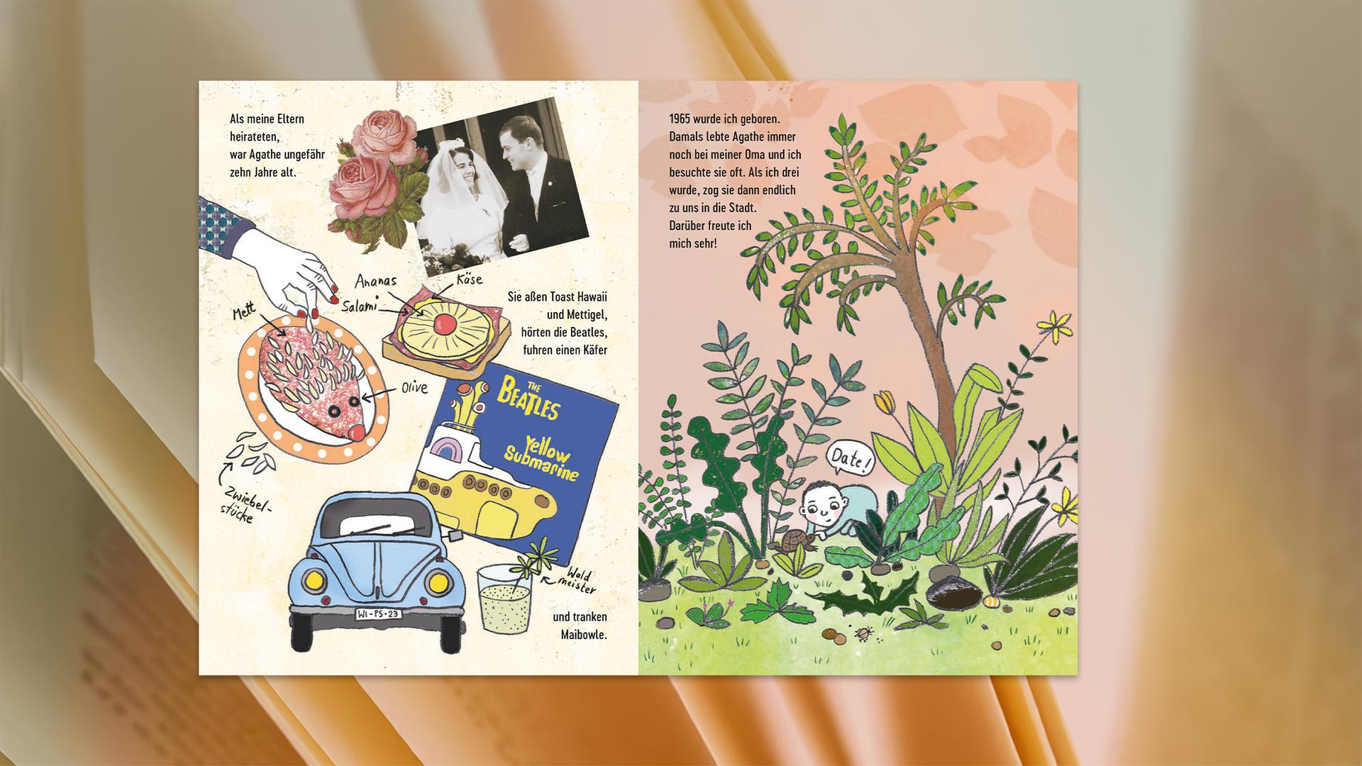 Auf den aufgeschlagenen Seiten eines Bilderbuches sieht man die Illustration eines Kindes im Garten mit einer Schildkröte und eine Collage mit Hochzeitsfoto, Auto und Plattencover.