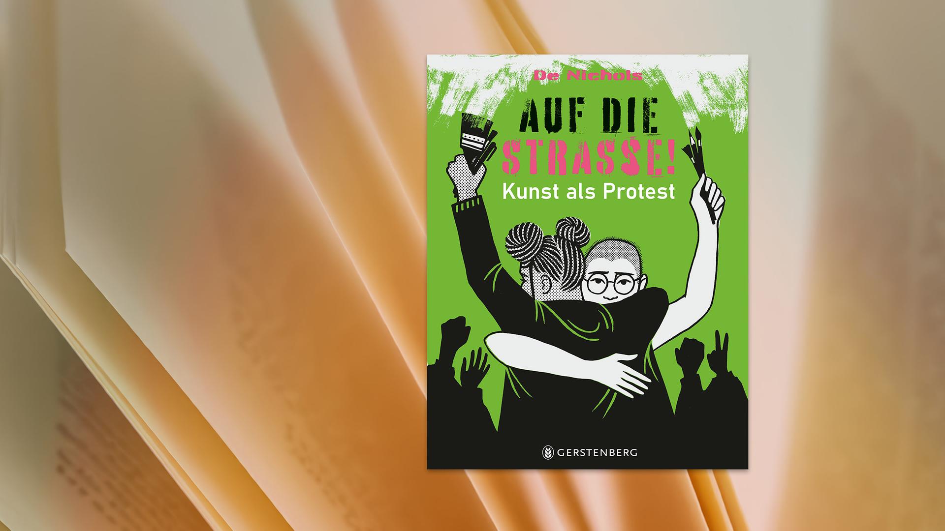 Auf dem Cover des Kinderbuches sieht man die Illustration zweier Personen die sich umarmen und Pinsel hochhalten, vor grünem Hintergrund.