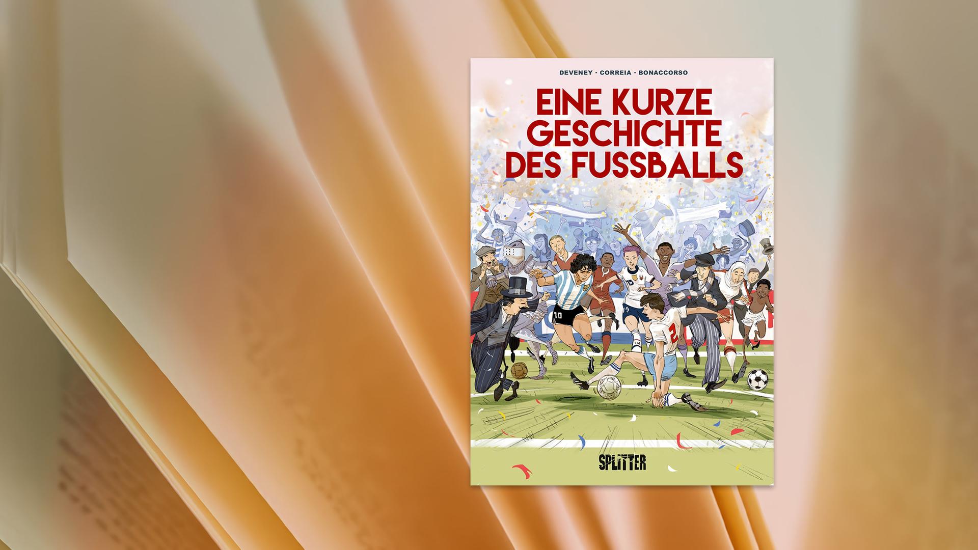 Auf dem Buchumschlag sieht man das gemalte Bild eines Fußballplatzes, auf dem viele Personen um einen Ball kämpfen. Im Hintergrund sind die Zuschauer zu sehen.