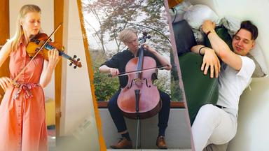 Eine Collage aus drei Musikern mit verschiedenen Instrumenten. Eine Geigerin, spielt in ihrem Zimmer, ein Cellist spielt draußen in der Natur und der Dritte liegt im Bett und umarmt sein Cello.