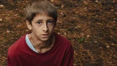  Man schaut von oben auf einen Jungen, ungefähr 12 Jahre, in einem rotem Pullover. Er schaut steht auf Waldboden und schaut ein wenig ängstlich und ernst nach oben. 