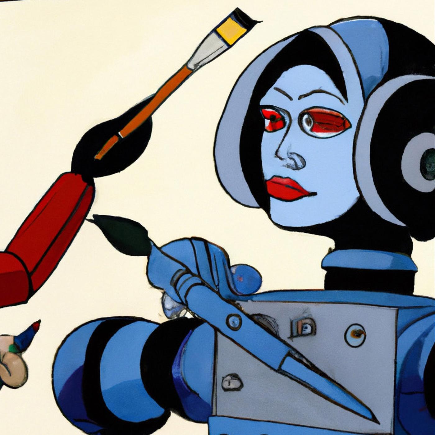 Ein von einer KI gemaltes Gemälde auf dem eine Staffelei zu sehen ist. Auf der Staffelei ein Android. Neben der Staffelei ein rothaariger Mensch mit Pinsel in der Hand, der malt.