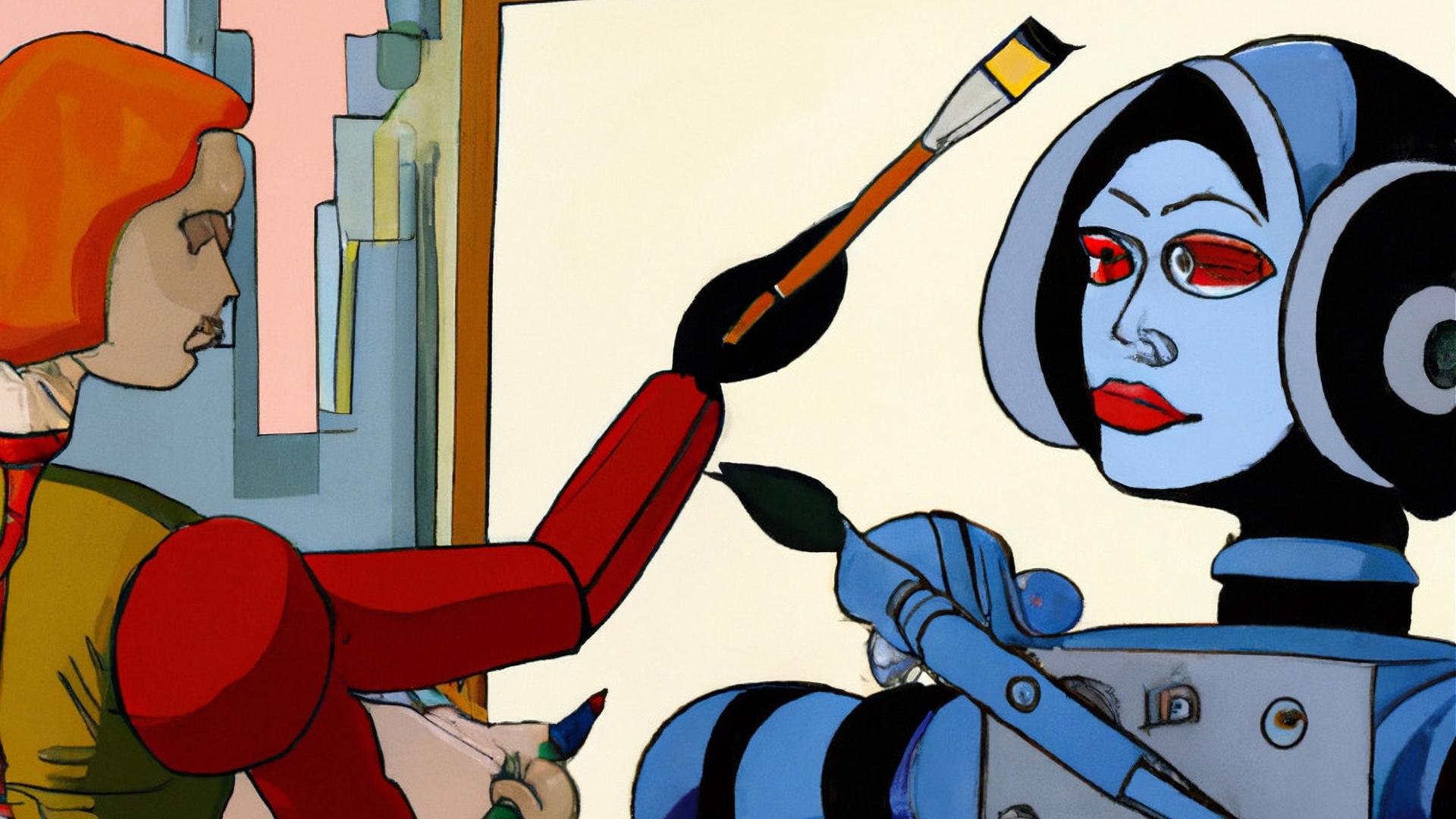 Ein von einer KI gemaltes Gemälde auf dem eine Staffelei zu sehen ist. Auf der Staffelei ein Android. Neben der Staffelei ein rothaariger Mensch mit Pinsel in der Hand, der malt.