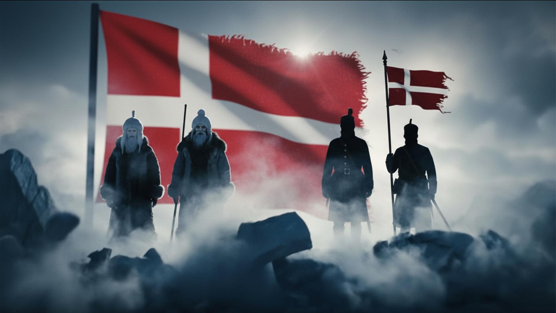 Computergeneriertes Bild von vier Männern vor einer riesigen zerfransten dänischen Flagge. Zwei Männer vorne links im Bild tragen lange Bärte, dicke Mützen, Fellmäntel und Speere, zwei weiter hinten rechts in historischen Soldaten-Uniformen sind nur verschwommen zu sehen. Einer von ihnen trägt eine Standarte mit norwegischer Flagge. Im Vordergrung steigt Nebel von dunklen Eisbrocken auf.