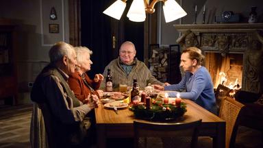 Vier ältere Menschen sitzen an einem Esstisch.