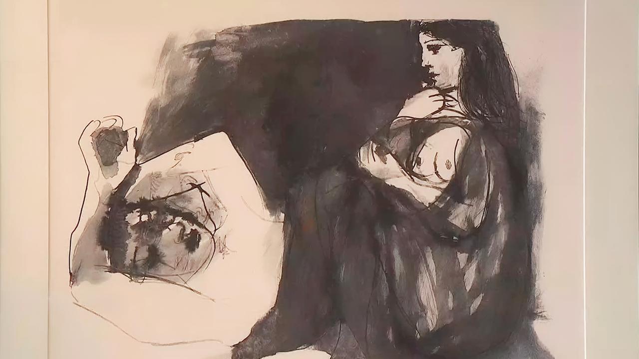 Tuschezeichnung eines schlafenden Mannes und einer sitzenden Frau