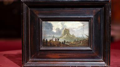 Kunstgemälde, auf dem ein Hafen zu sehen ist mit einem Holzrahmen umrandet
