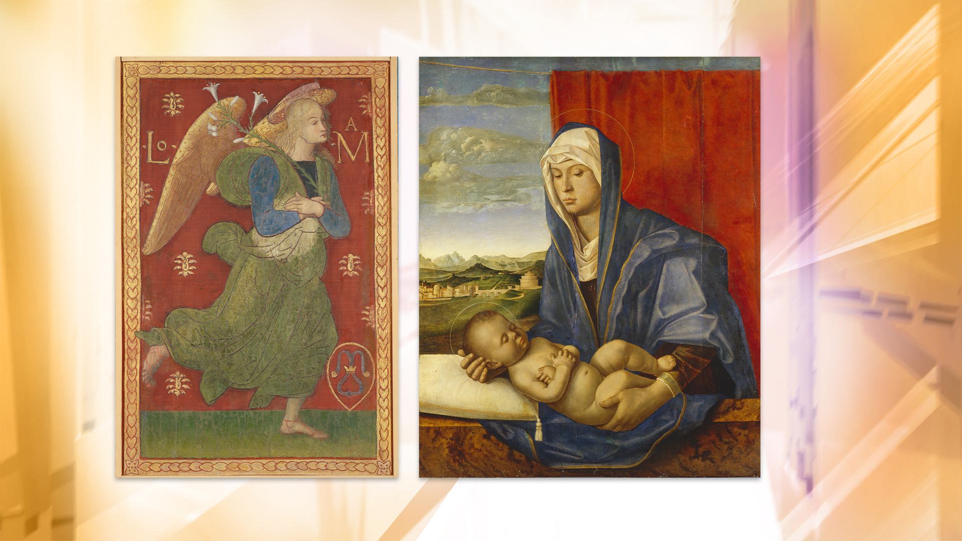 Das Bild zeigt zwei alte Gemälde mit religiösen Motiven nebeneinander. Links ist ein Engel in einem grünen Gewand vor einem rotem Hintergrund zu sehen. Rechts ist Maria in einem blauen Gewand mit dem nackten Jesuskind  auf dem Arm zu sehen. Im Hintergrund sieht man hinter einem halb zugezogenen roten Vorhang eine Landschaft.
