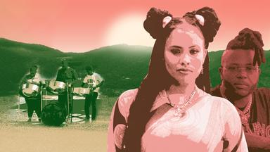 Eine Frau und ein Mann im Porträt. Im Hintergrund ist eine dreiköpfige Band mit Steelpan zu sehen.